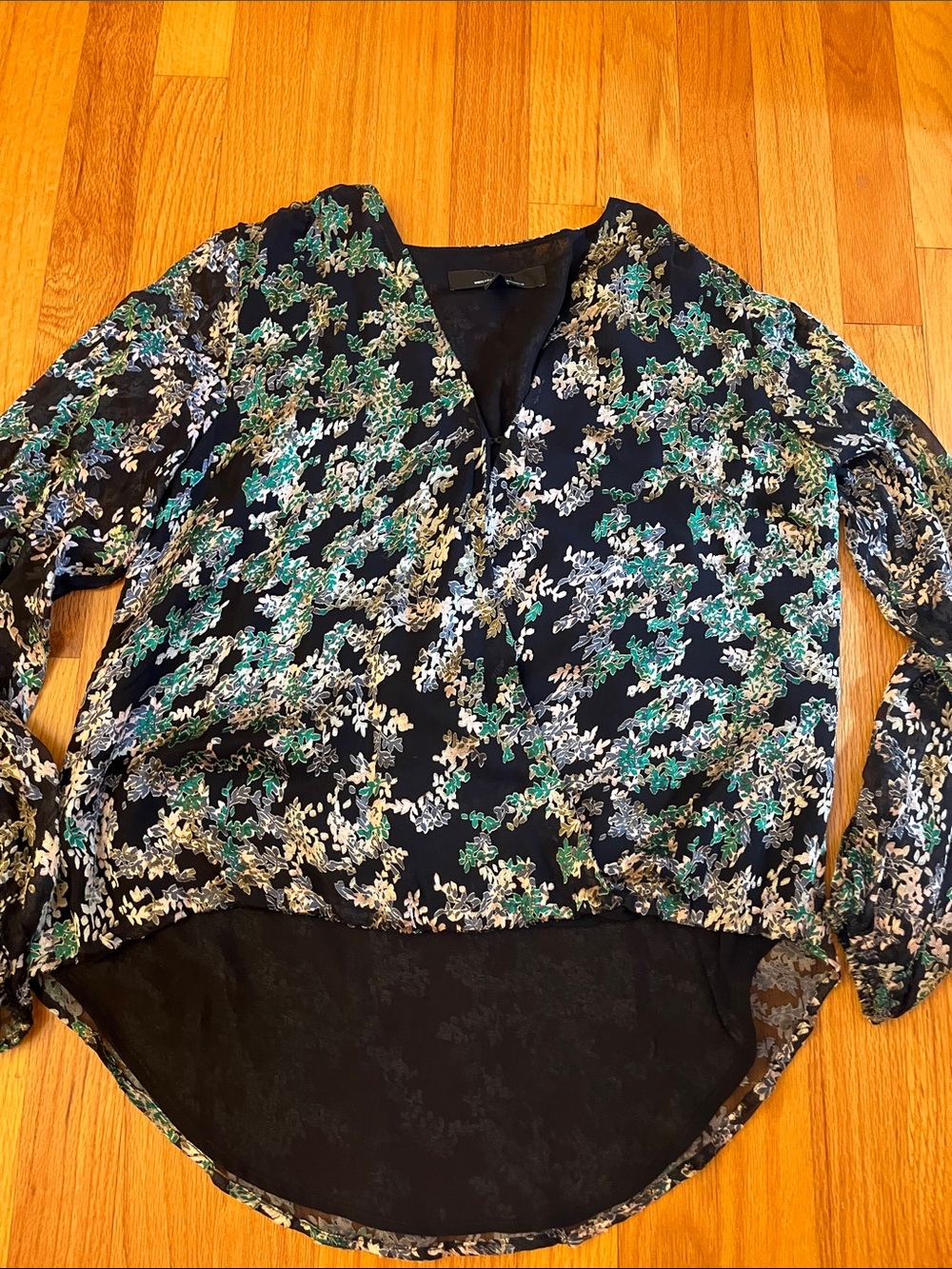 White House Black Market Black Floral V-Neck Blouse with Green & White Print